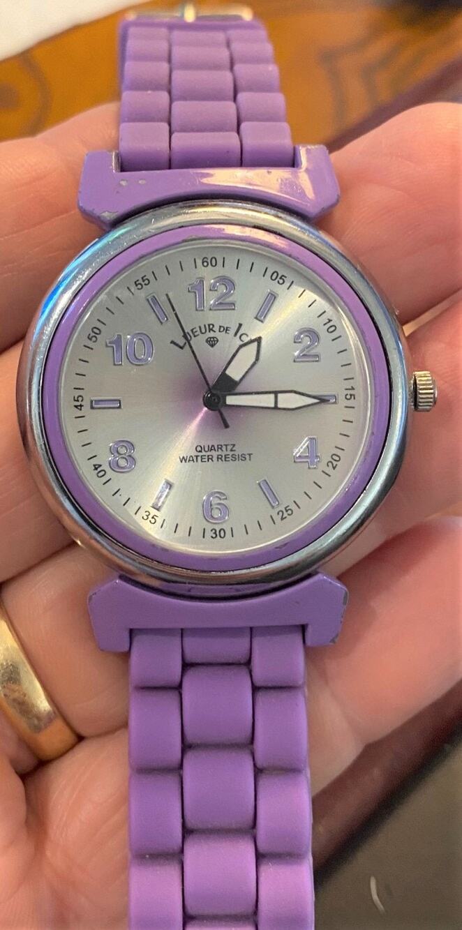 Women's Silver Tone Lueur De Ice Watch, Purple Poly Band and Bezel